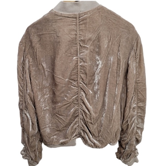 Free People Ruched Velvet Neutral Bomber Jacket. - Picture 6 of 14